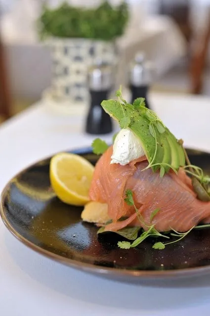 Plate of food with salmon and poached egg